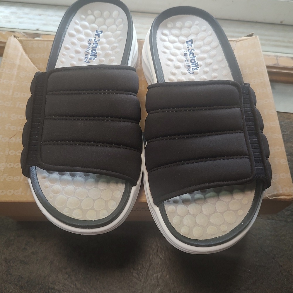 Dr. Scholls Feel Free Black Recovery Slide Sandals Quilted Platform J0627F2 US 7